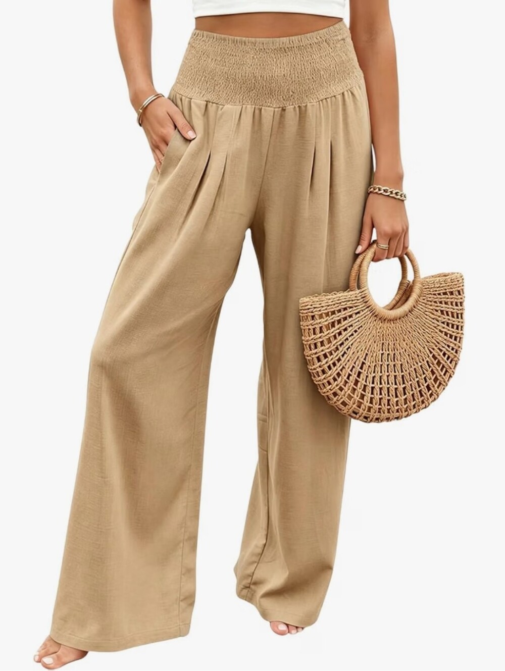 Smocked Waist Wide-Leg Pants - Tan